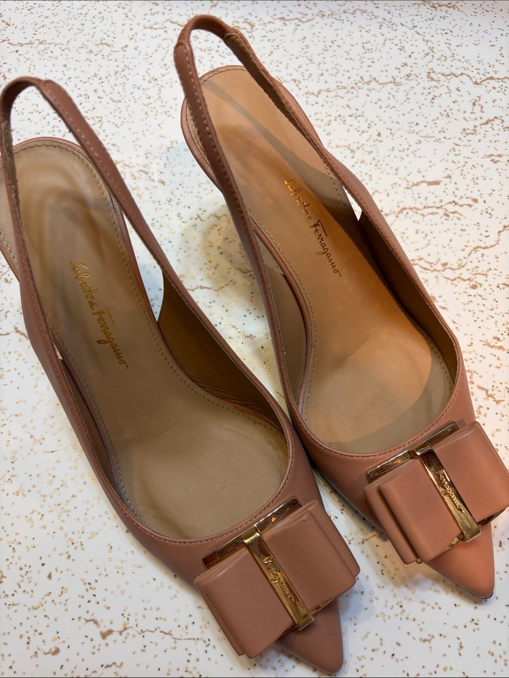Salvatore Ferragamo Pinkish Tan Leather Bow Slingback Pumps 7